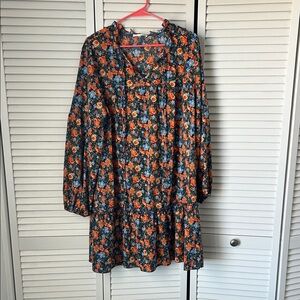 Floral Long Sleeve Tiered Dress - Orange & Blue